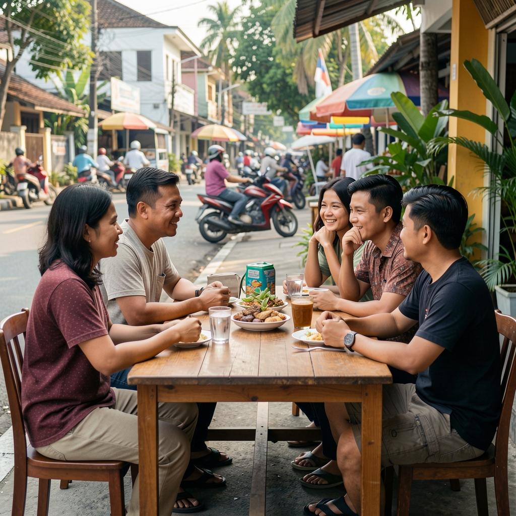 Small diverse group sharing a relaxed conversation at a community table in Jakarta