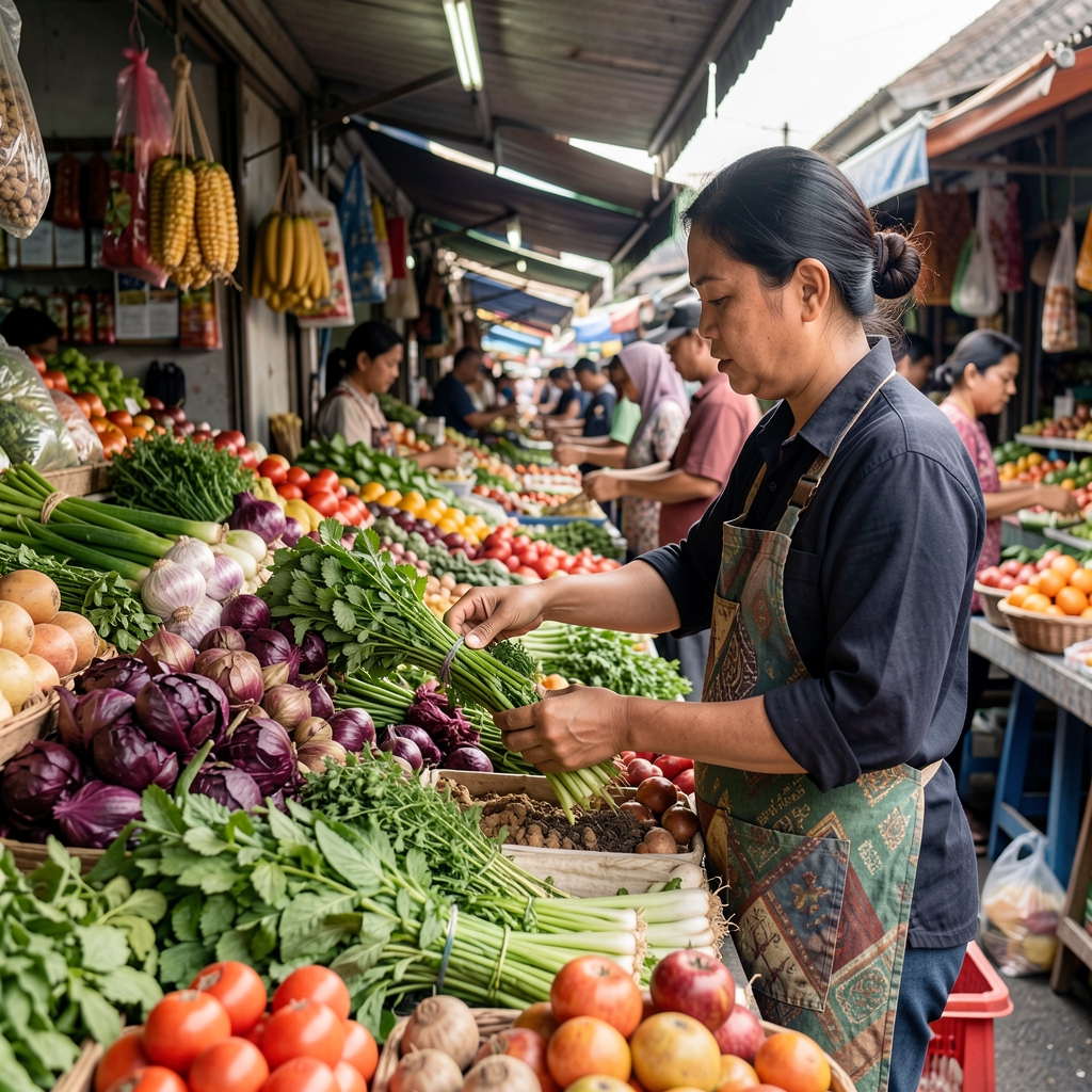 Vendor arranging colourful herbs and produce at a Jakarta market