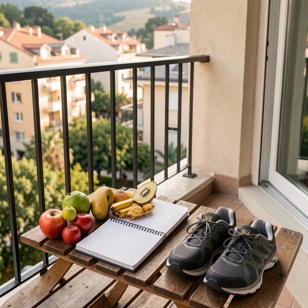 Sunlit Jakarta balcony with a notebook, fruit, and a pair of walking shoes
