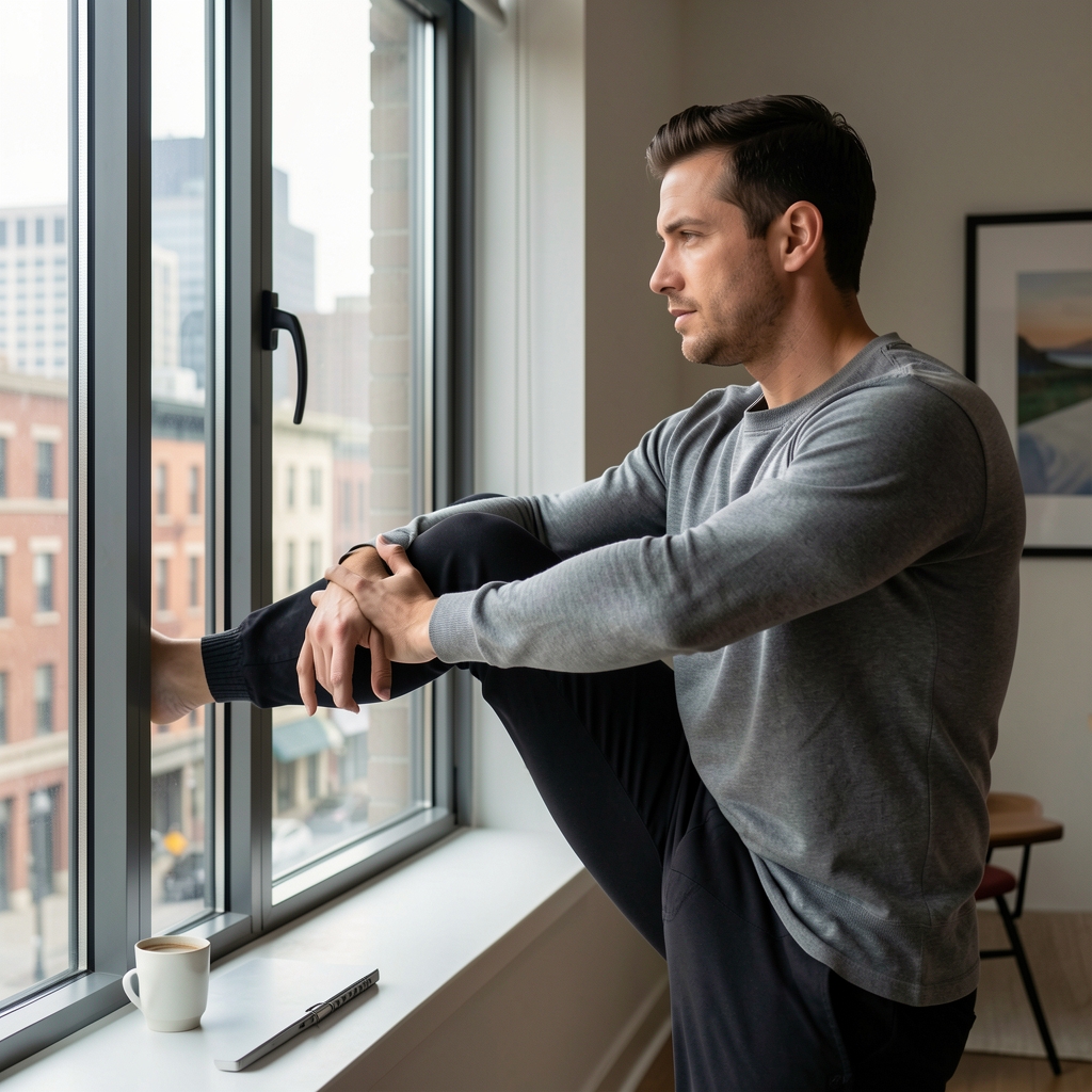 Man stretching beside a quiet city window before starting his workday