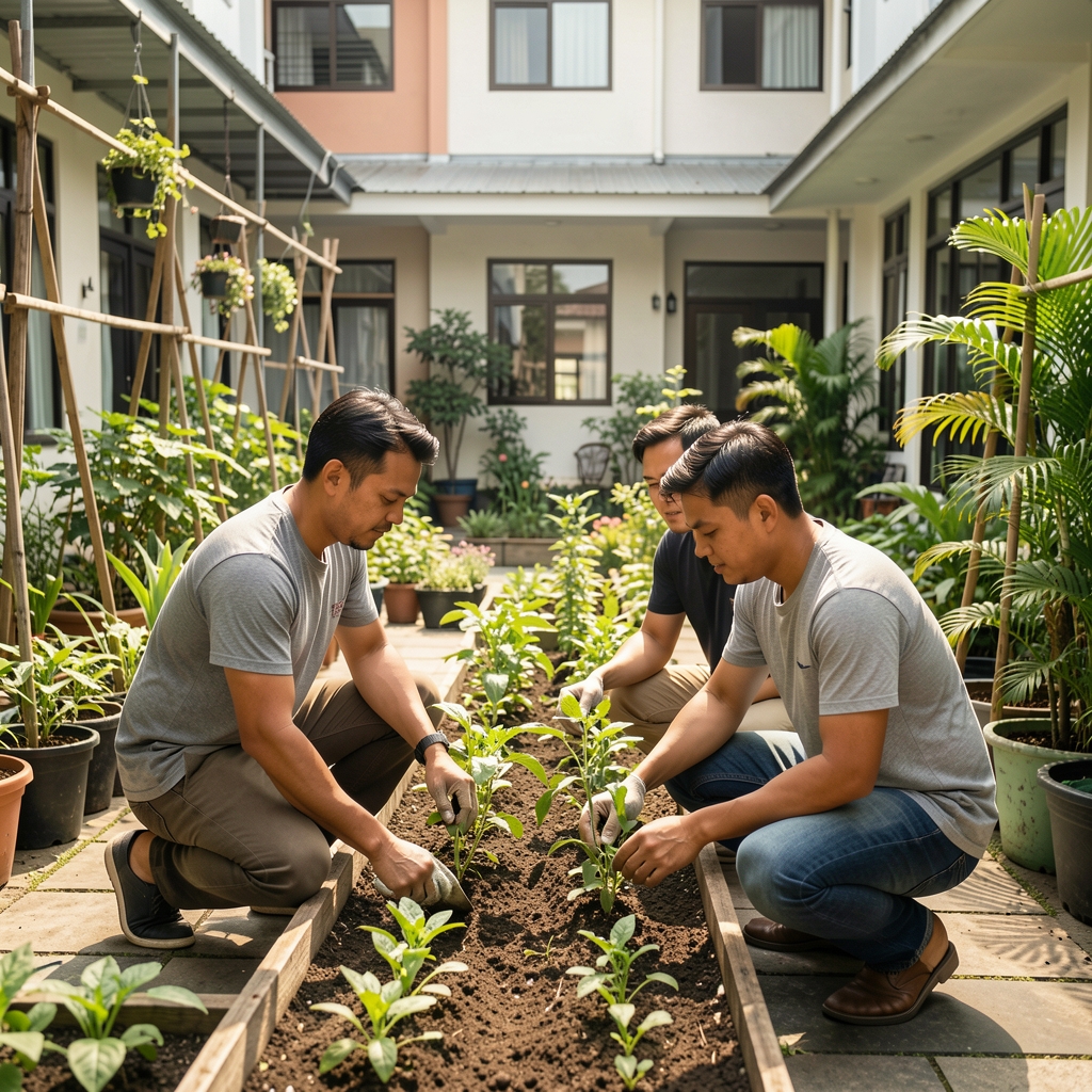 Men tending a shared urban garden together in a sunny Jakarta courtyard