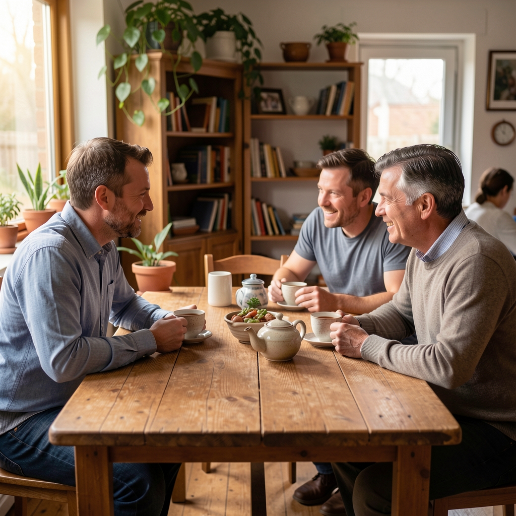 Three Indonesian men sharing conversation and tea around a wooden community table
