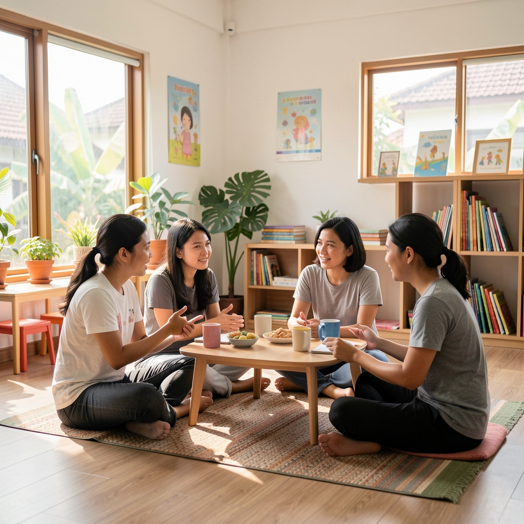 Small educational wellness discussion in a bright Jakarta community room
