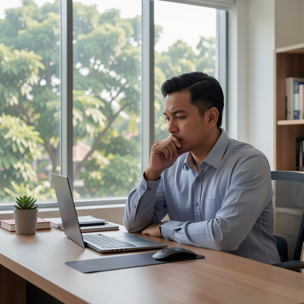 Man taking a quiet breathing pause at a tidy desk with a view of Jakarta trees