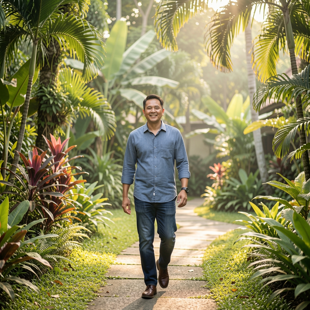 Thoughtful Indonesian man in his early forties walking through a leafy Jakarta garden in soft morning light