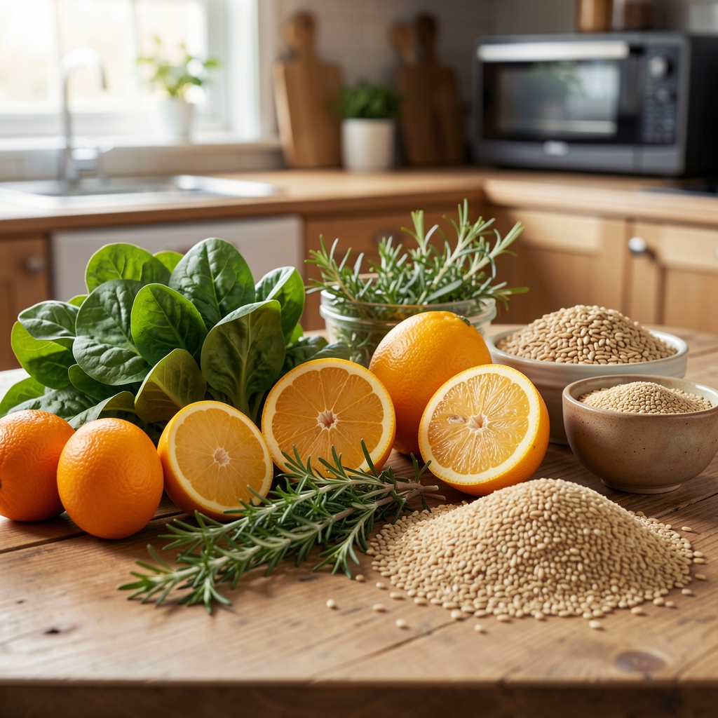 Fresh Indonesian market ingredients including greens, citrus, herbs, and grains arranged on a wooden kitchen table
