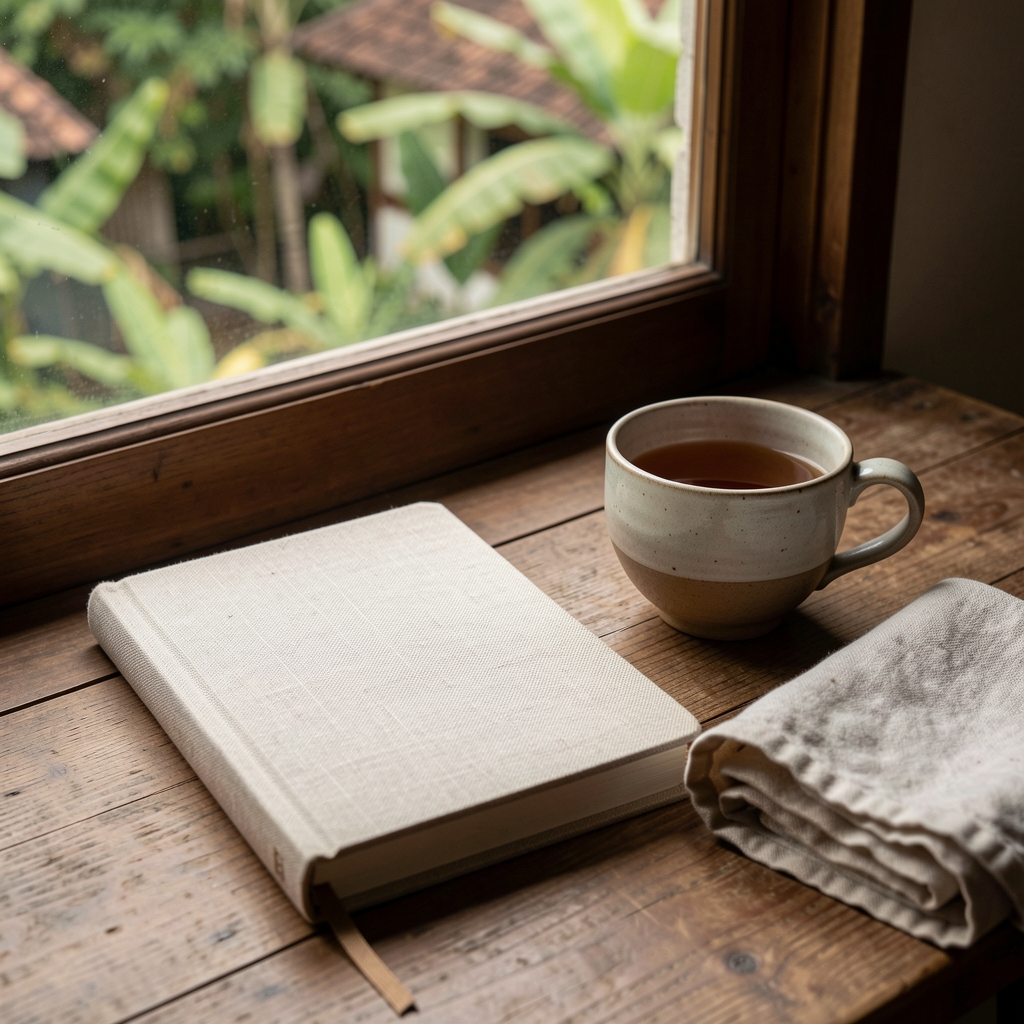 Linen notebook, ceramic tea cup, and folded cotton beside a window during a quiet Indonesian afternoon