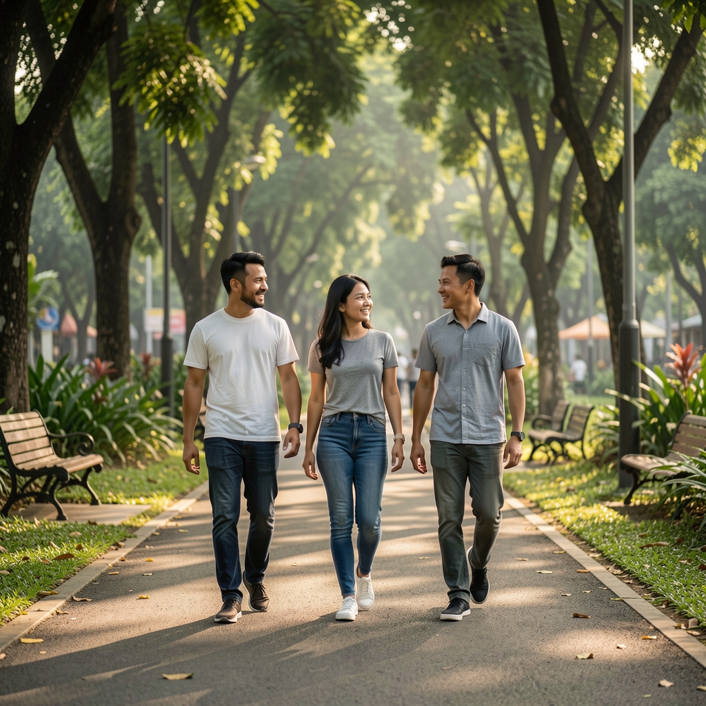 Three friends walking along a shaded Jakarta park path while talking in relaxed afternoon light