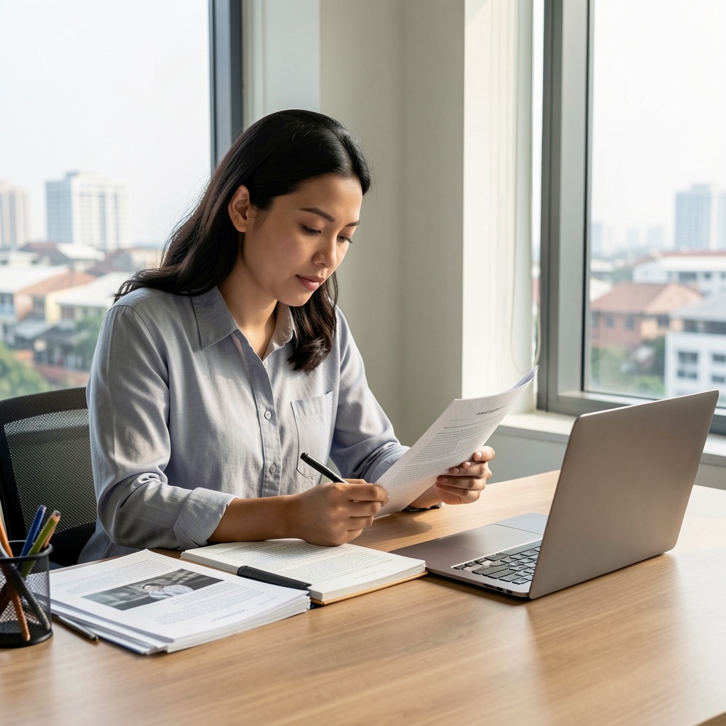 Editorial researcher reviewing printed sources, notes, and a laptop beside a Jakarta window