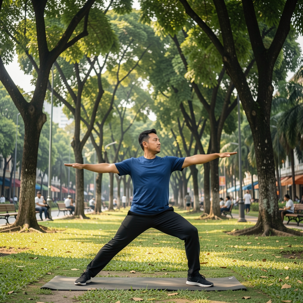 Adult man doing a gentle mobility exercise beneath trees in a Jakarta public park