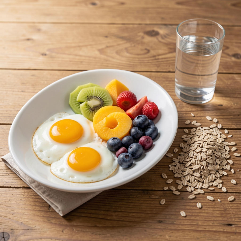 Simple nourishing breakfast with eggs, fruit, whole grains, and water on a wooden table