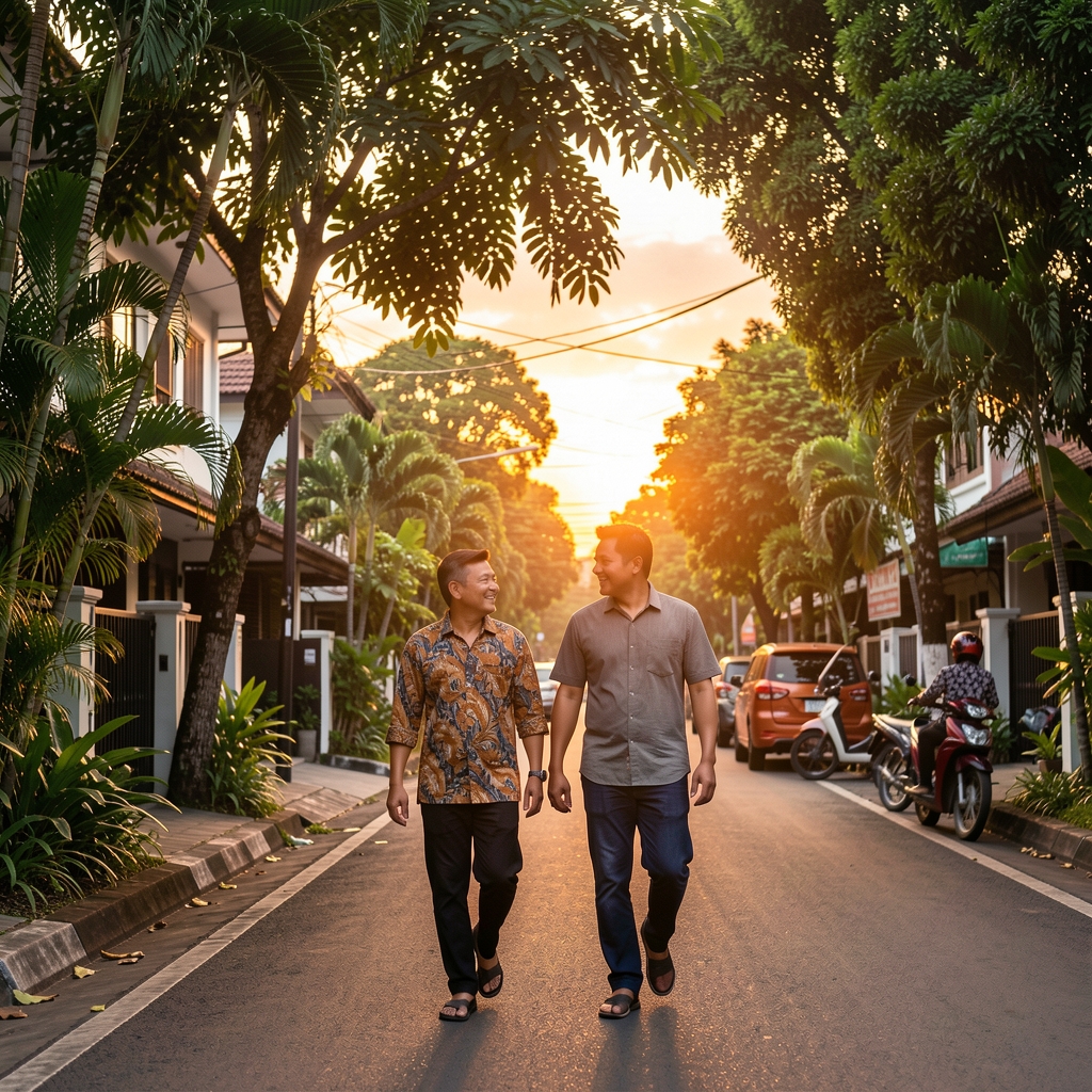 Two longtime friends walking beside a leafy Jakarta neighborhood at sunset