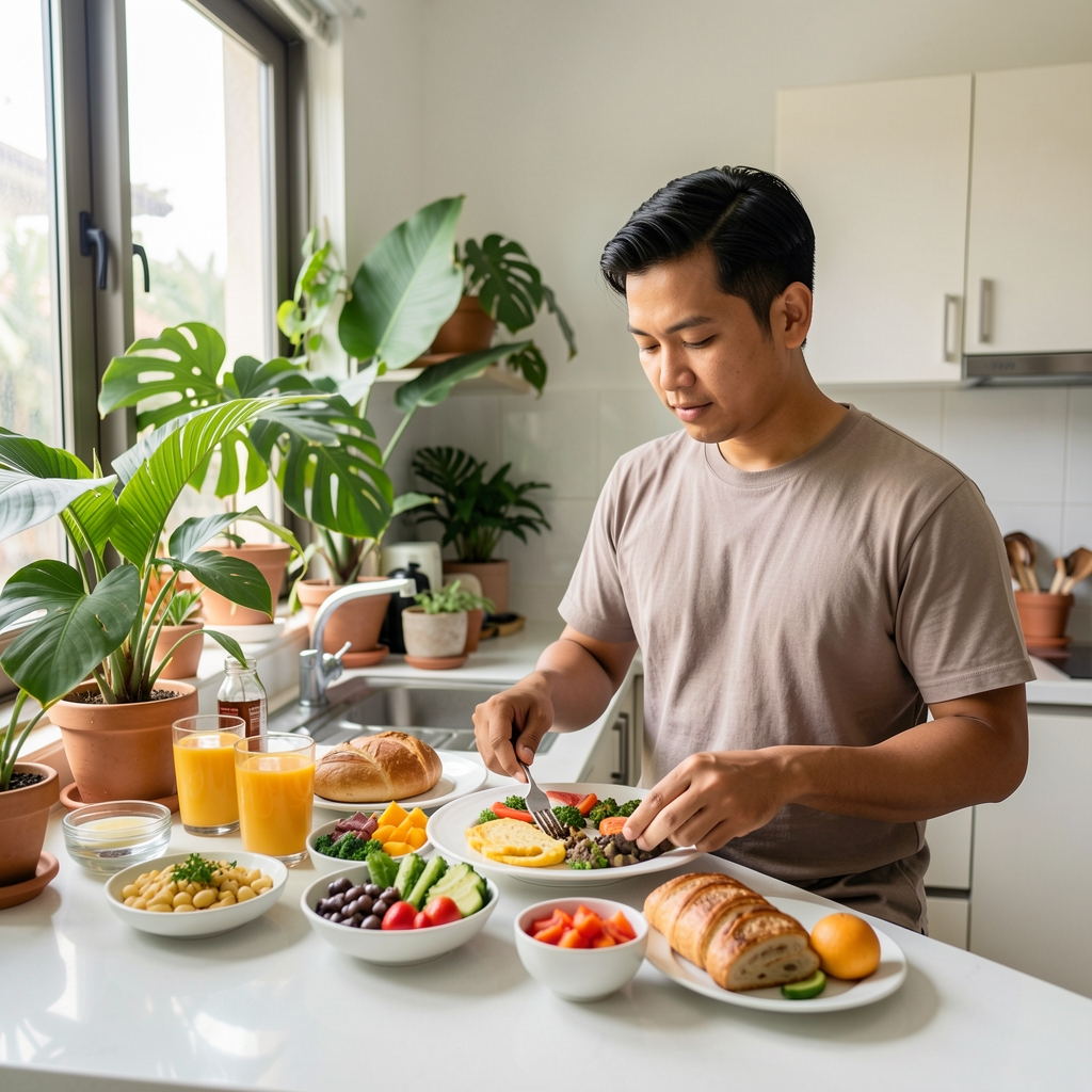 Indonesian man preparing a colourful balanced breakfast beside tropical plants in a bright Jakarta home kitchen