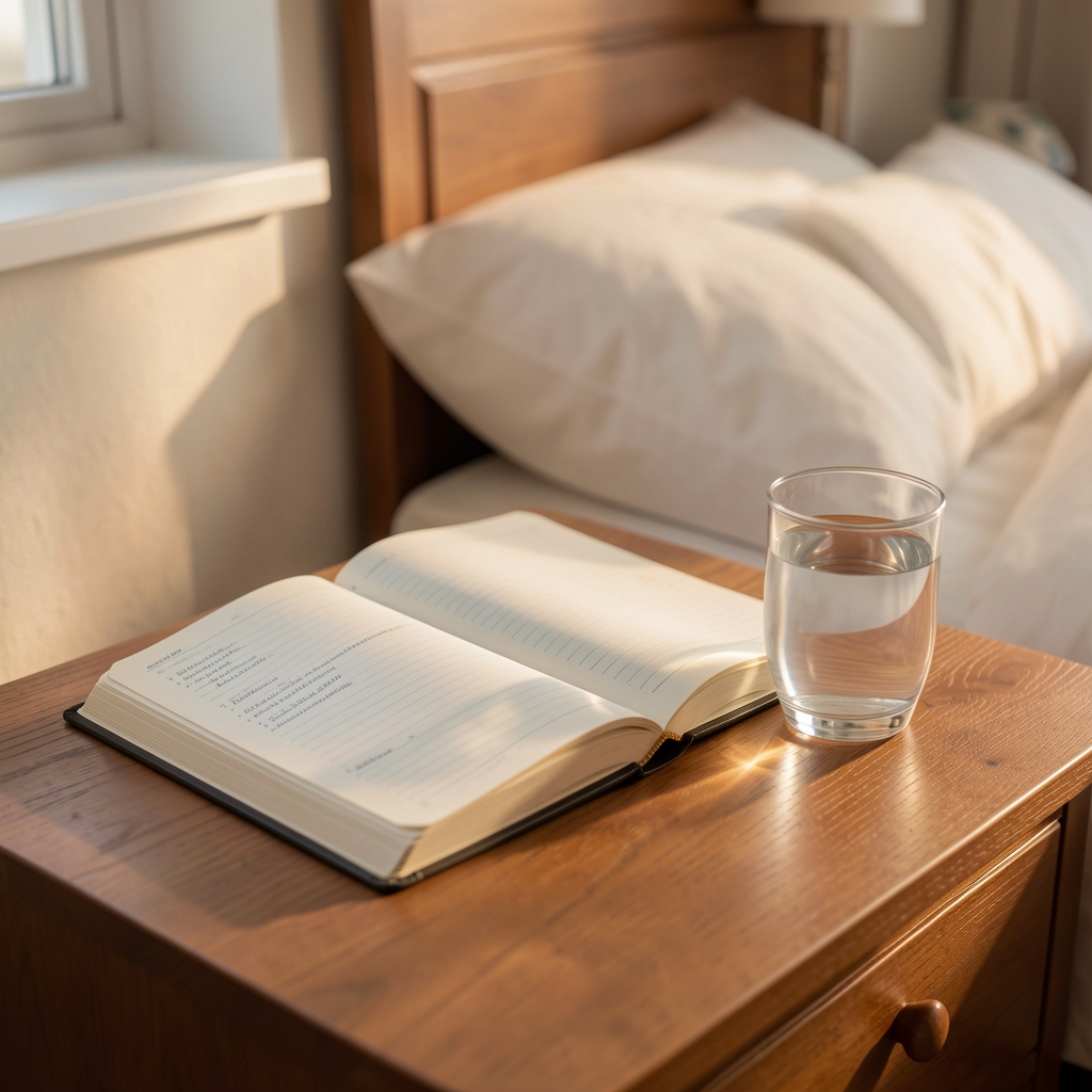 Open sleep journal and glass of water on a bedside table at dawn