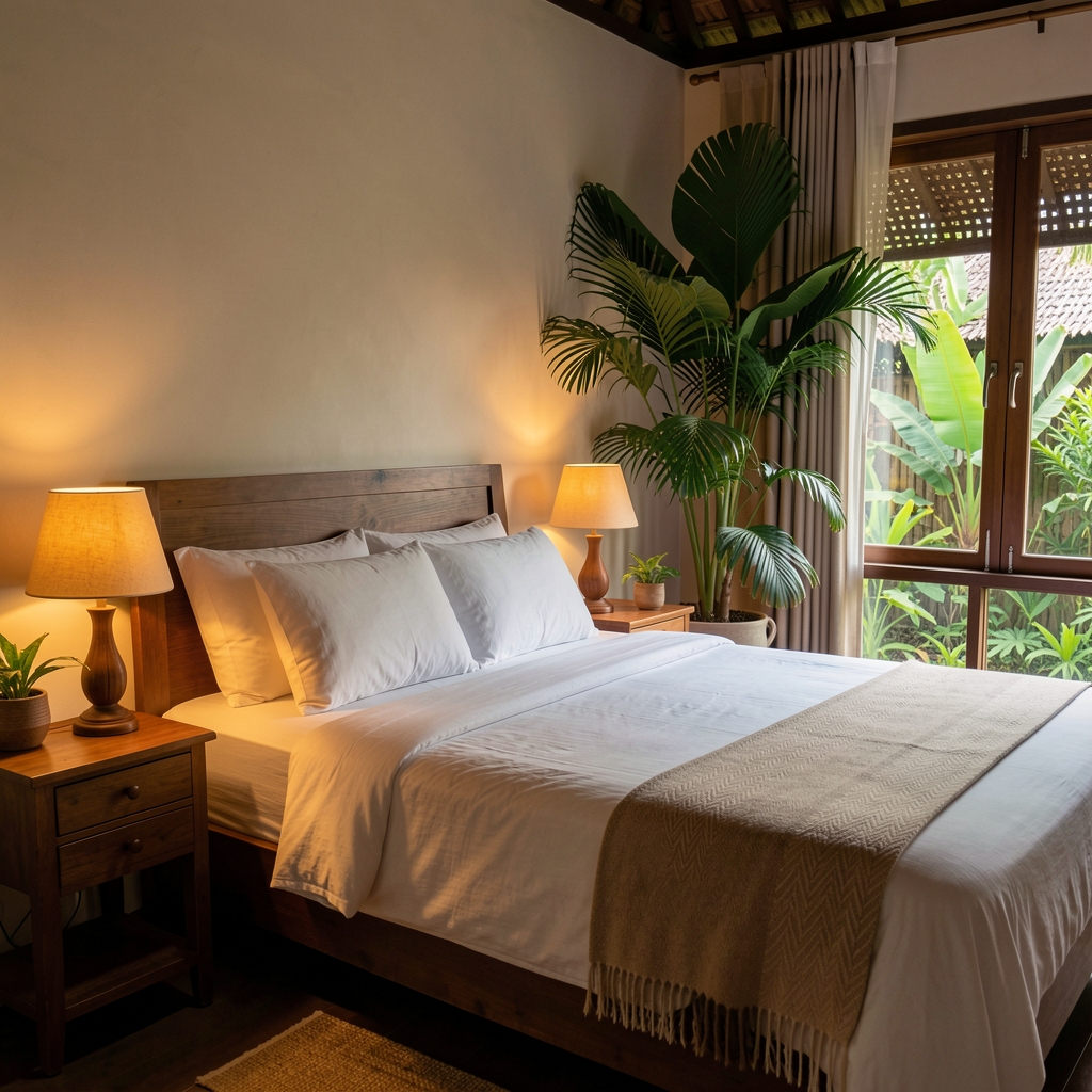 Quiet bedroom with linen bedding, warm lamp, and tropical greenery in an Indonesian home